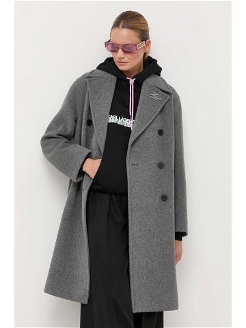 Vlněný kabát Karl Lagerfeld šedá barva přechodný