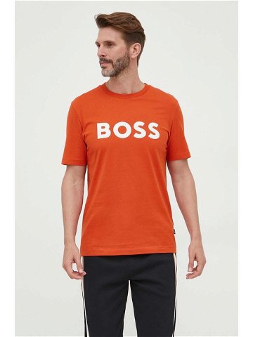 Bavlněné tričko BOSS oranžová barva s potiskem