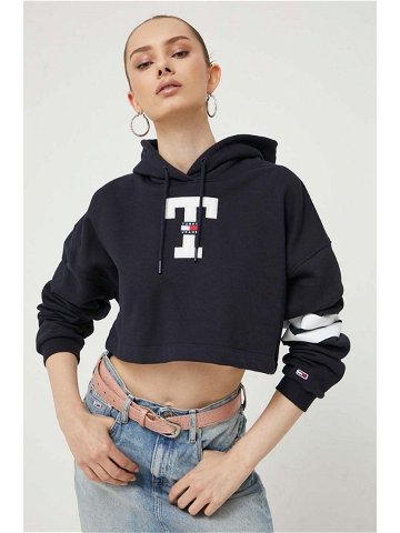 Mikina Tommy Jeans dámská tmavomodrá barva s kapucí s aplikací