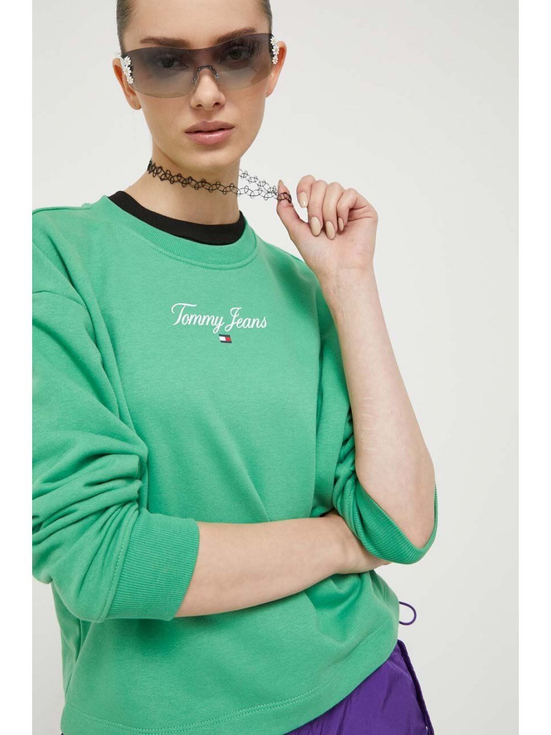 Mikina Tommy Jeans dámská zelená barva s potiskem
