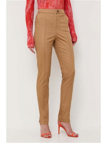 Kalhoty BOSS dámské béžová barva jednoduché high waist