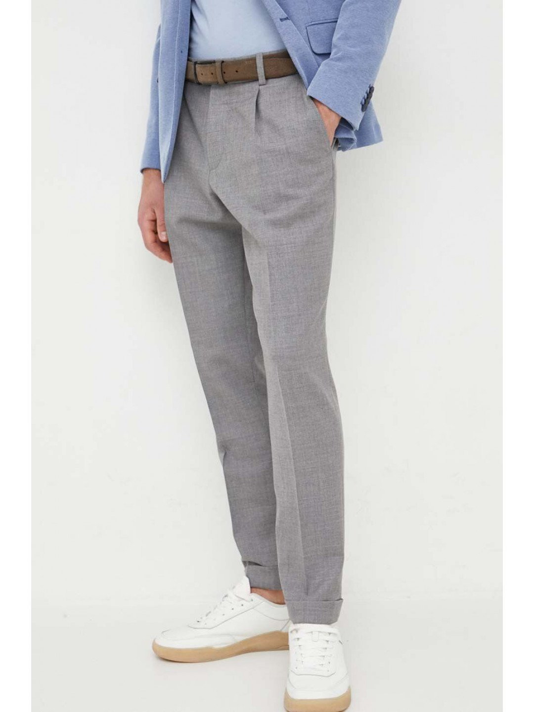 Vlněné kalhoty BOSS šedá barva jednoduché