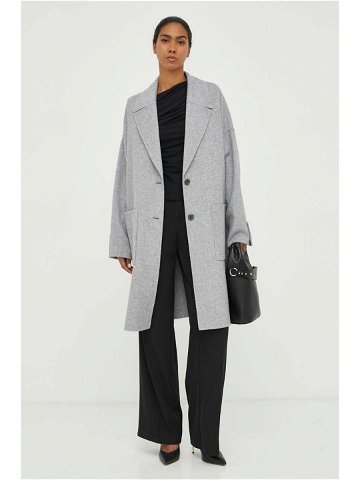 Vlněný kabát BOSS šedá barva přechodný oversize