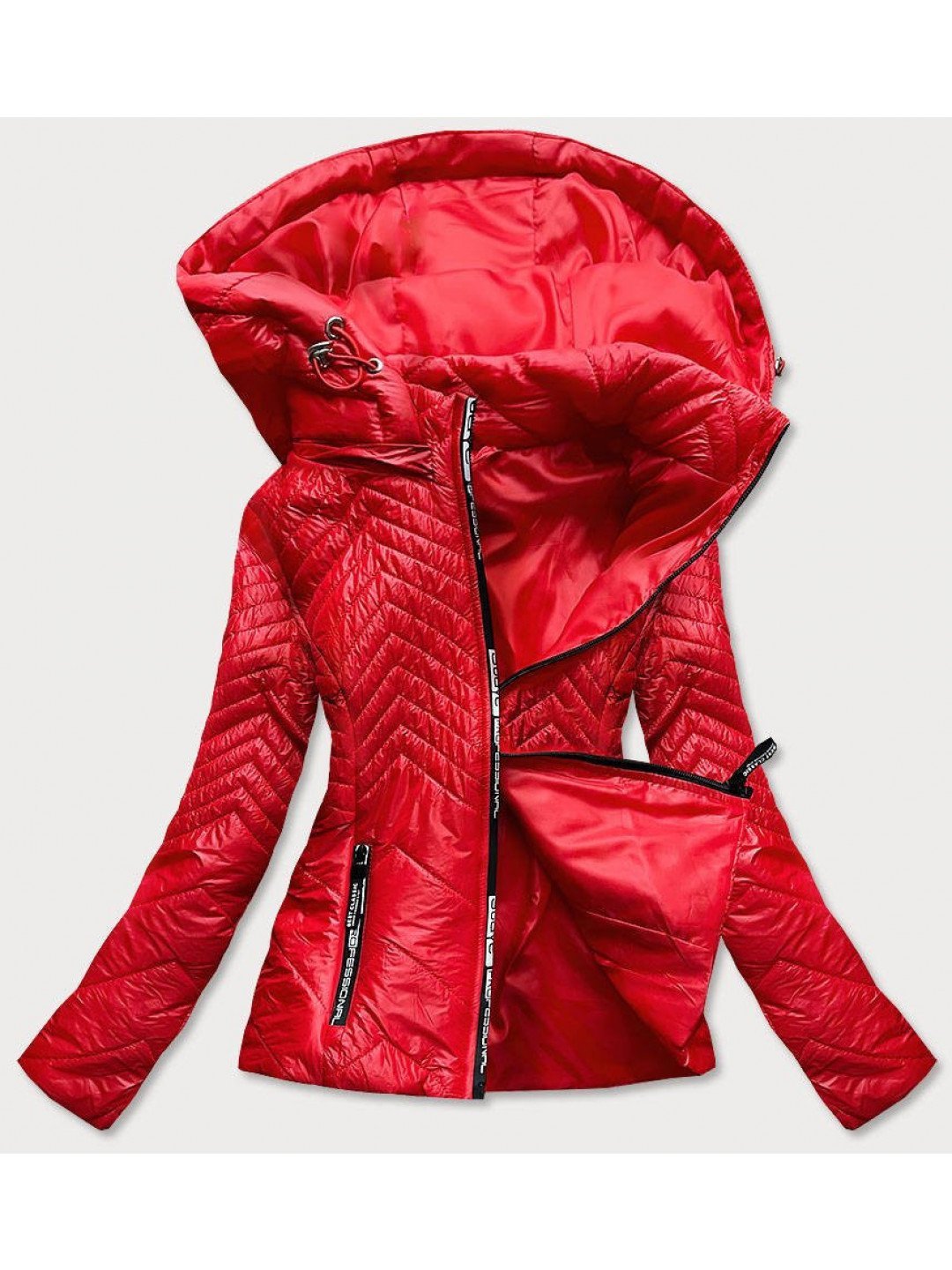 Krátká červená dámská prošívaná bunda s kapucí B9566 odcienie czerwieni S 36