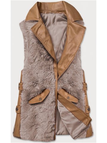 Elegantní vesta v karamelovo-béžové barvě z eko kůže a kožešiny BR9592-48022 Hnědá XL 42