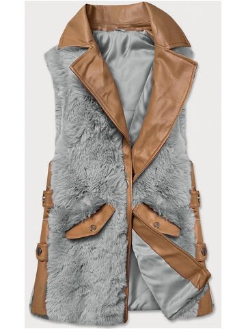 Elegantní vesta v karamelovo-šedé barvě z eko kůže a kožešiny BR9592-9022 Hnědá XL 42