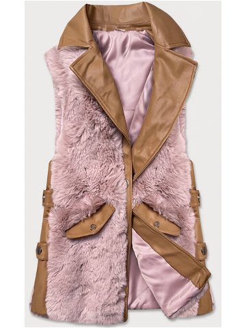 Elegantní vesta v karamelovo-růžové barvě z eko kůže a kožešiny BR9592-51022 Růžová XL 42