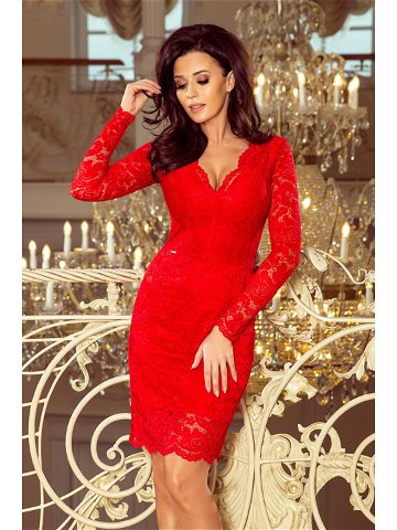 Červené dámské krajkové šaty s výstřihem a dlouhými rukávy model 7156520 L