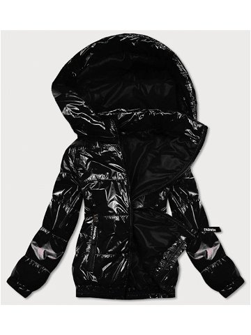 Lesklá černá prošívaná bunda s kapucí BR9788-1 odcienie czerni 48