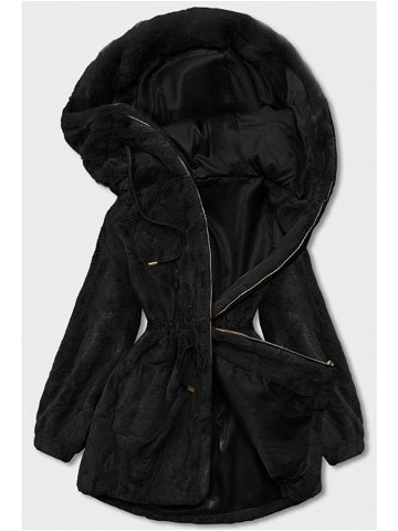 Černá kožešinová bunda s kapucí B8049-1 odcienie czerni XXL 44