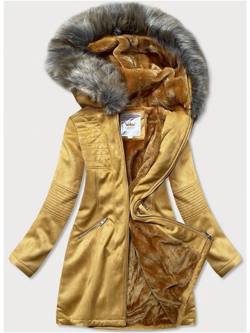 Dámská zimní semišová bunda s kapucí 6516 hořčicová – Libland hořčicová XXL