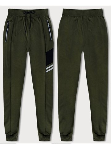 Pánské teplákové kalhoty v khaki barvě s barevnými vsadkami 8K206B-29 odcienie zieleni XL
