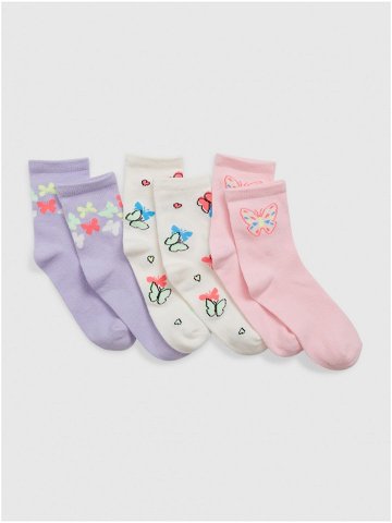 Sada tří párů holčičích vzorovaných ponožek ve světle fialové krémové a růžové barvě GAP