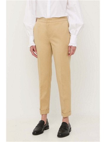 Kalhoty s příměsí lnu Twinset béžová barva medium waist