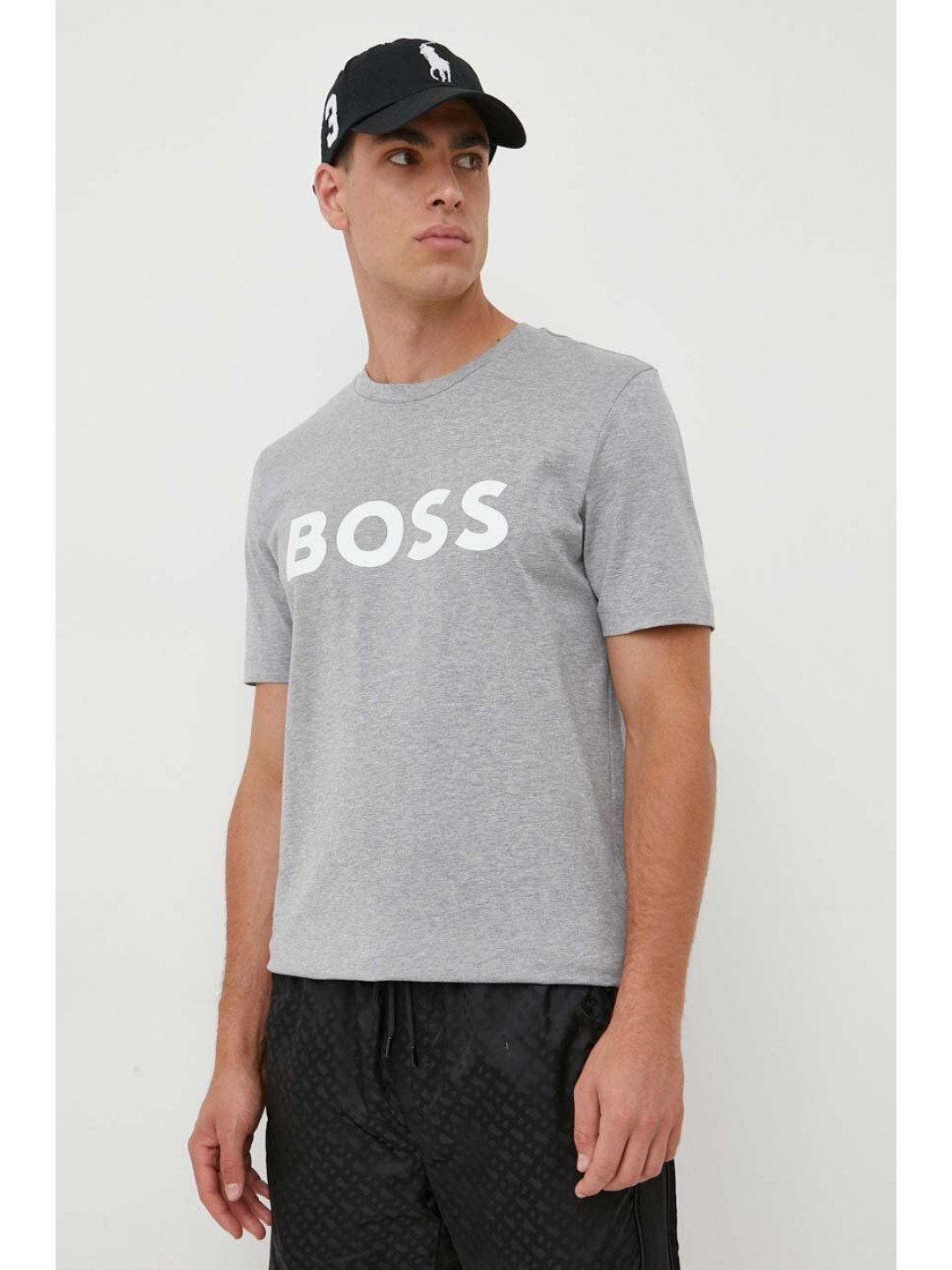 Bavlněné tričko BOSS šedá barva s potiskem 50495742