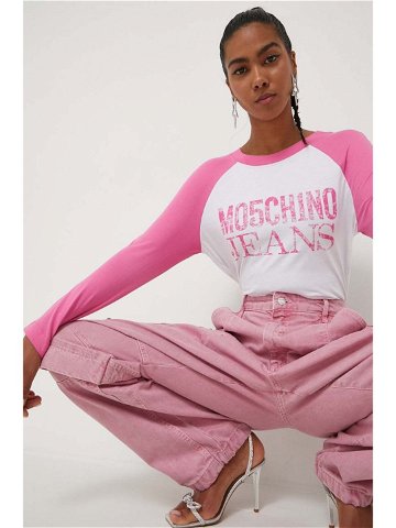 Bavlněné tričko s dlouhým rukávem Moschino Jeans růžová barva