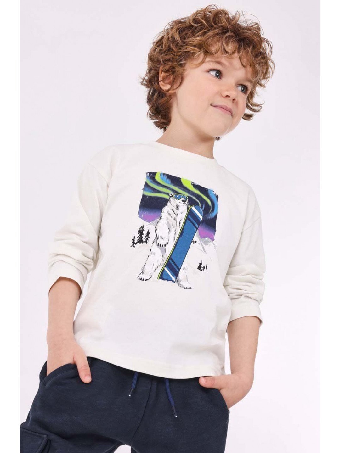 Dětská bavlněná košile s dlouhým rukávem Mayoral béžová barva s potiskem