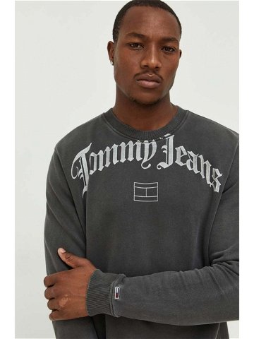 Mikina Tommy Jeans pánská šedá barva s kapucí s potiskem