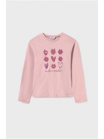 Dětské bavlněné tričko s dlouhým rukávem Mayoral růžová barva