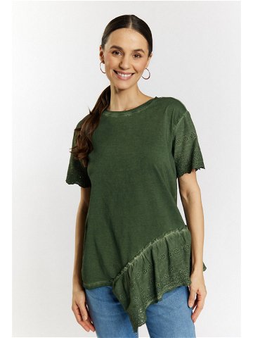Bavlněné dámské tričko Monnari s prolamovanými volánky Bottle Green XL