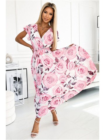 LISA – Plisované dámské midi šaty s výstřihem volánky a se vzorem velkých růží na bílém pozadí 434-5 UNI