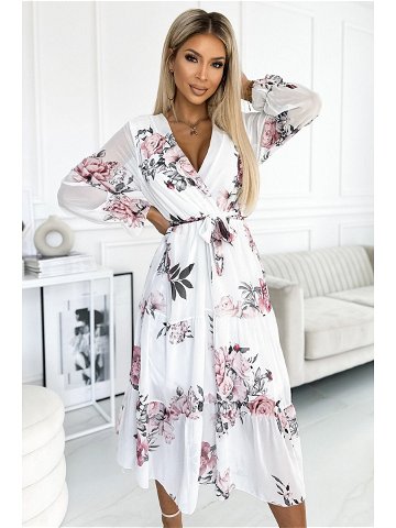 VALENTINA – Bílé dámské midi šaty se vzorem růží výstřihem a páskem 436-2 UNI