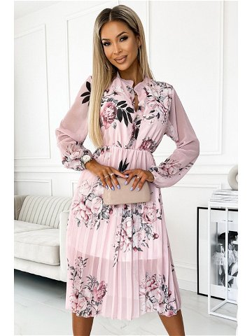 CARLA – Dámské plisované midi šaty s knoflíčky dlouhými rukávy a se vzorem růží na pastelově růžové růžové barvě 449-4 UNI