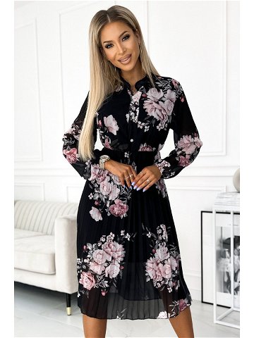 CARLA – Dámské plisované midi šaty s knoflíčky dlouhým rukávy a se vzorem růží na černém pozadí 449-3 UNI