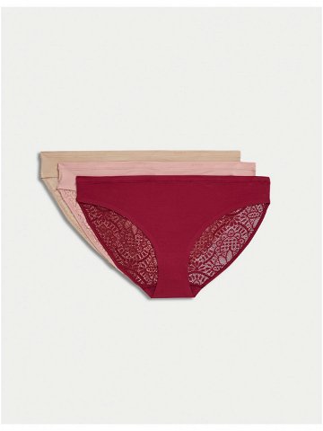 Sada tří dámských kalhotek v růžové béžové a červené barvě Marks & Spencer