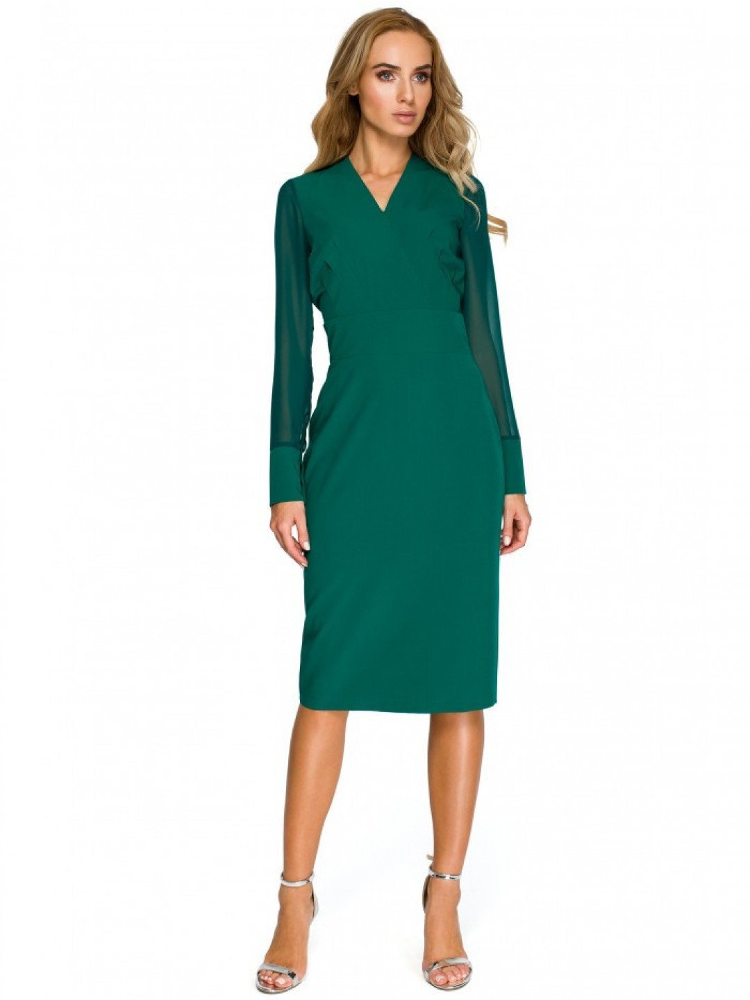 S136 Šifonové pouzdrové šaty s dlouhými rukávy – zelené EU XXL