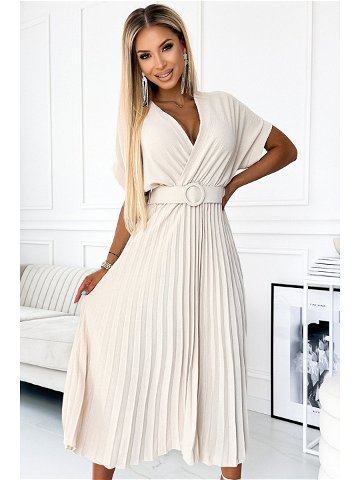 FELICIA – Béžové dámské plisované midi šaty s výstřihem a širokým opaskem 471-1 UNI