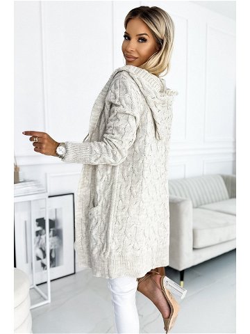 Béžový dámský kardigan – přehoz přes oblečení s kapucí kapsami a copánkovým vzorem 491-1 UNI