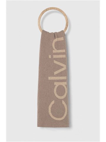 Šátek z vlněné směsi Calvin Klein béžová barva vzorovaný