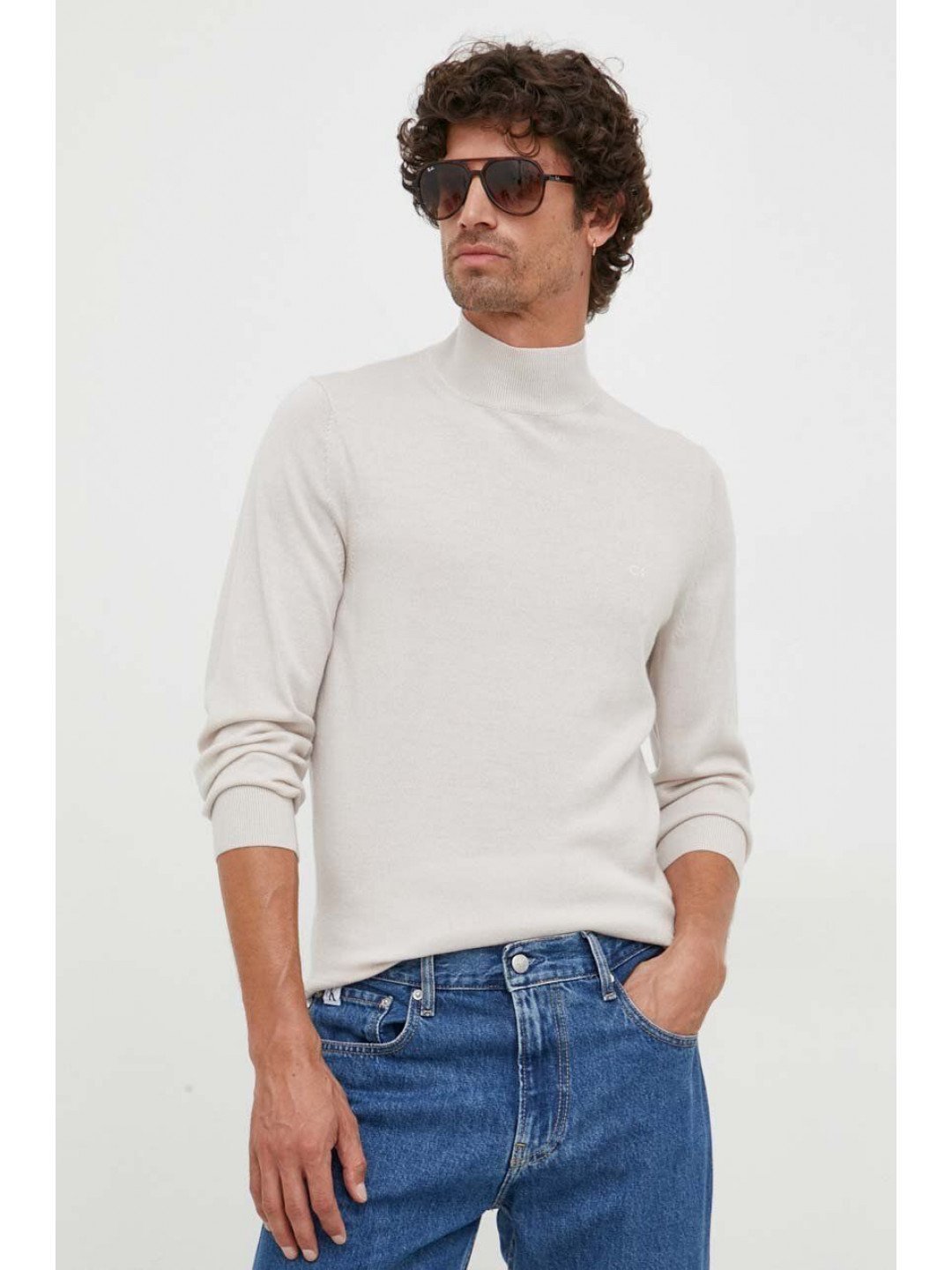 Vlněný svetr Calvin Klein pánský šedá barva lehký s pologolfem