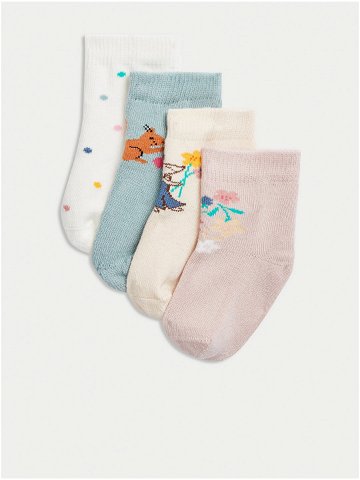 Sada čtyř párů dětských vzorovaných ponožek v bílé krémové růžové a světle modré barvě Marks & Spencer