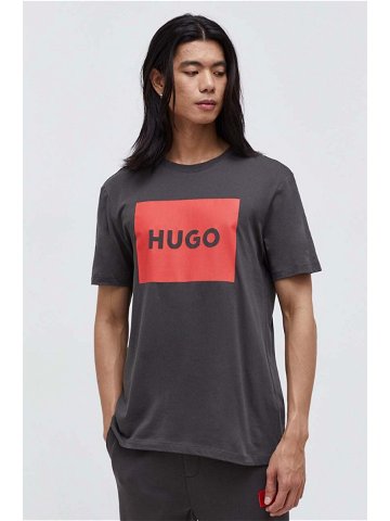 Bavlněné tričko HUGO šedá barva s potiskem 50467952