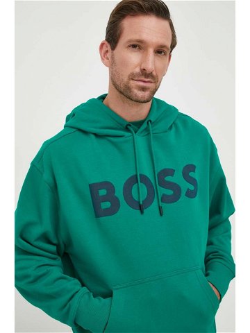 Bavlněná mikina BOSS ORANGE pánská zelená barva s kapucí s potiskem 50487134