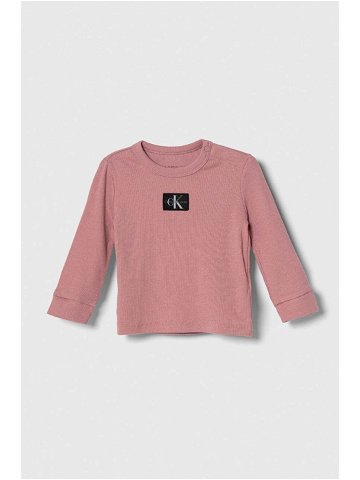 Dětské tričko s dlouhým rukávem Calvin Klein Jeans růžová barva s aplikací