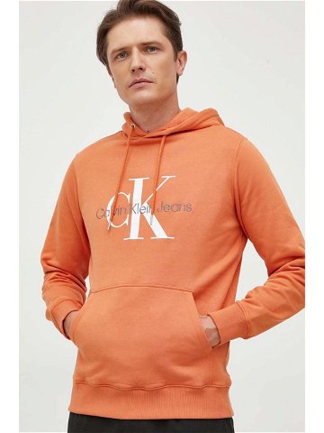 Bavlněná mikina Calvin Klein Jeans pánská oranžová barva s kapucí s potiskem