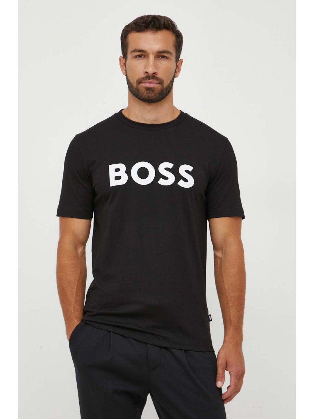 Bavlněné tričko BOSS černá barva s potiskem 50495742