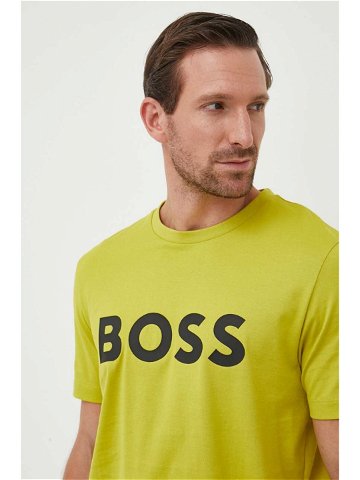 Bavlněné tričko BOSS zelená barva s potiskem