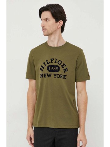 Bavlněné tričko Tommy Hilfiger zelená barva s aplikací