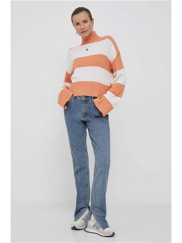 Bavlněný svetr Calvin Klein Jeans béžová barva hřejivý s golfem