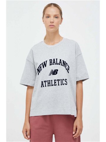 Bavlněné tričko New Balance šedá barva