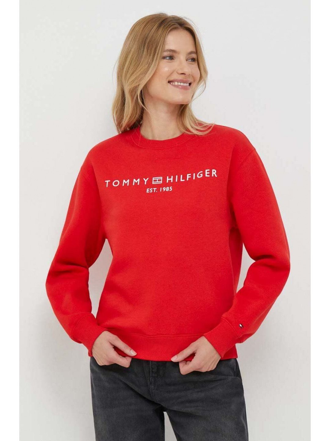 Mikina Tommy Hilfiger dámská červená barva s potiskem WW0WW39791