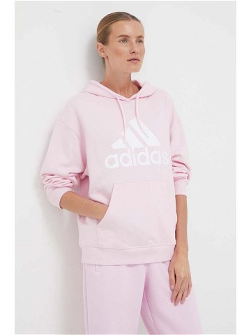 Bavlněná mikina adidas dámská růžová barva s kapucí s potiskem