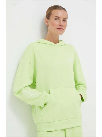 Bavlněná mikina adidas dámská zelená barva s kapucí s aplikací