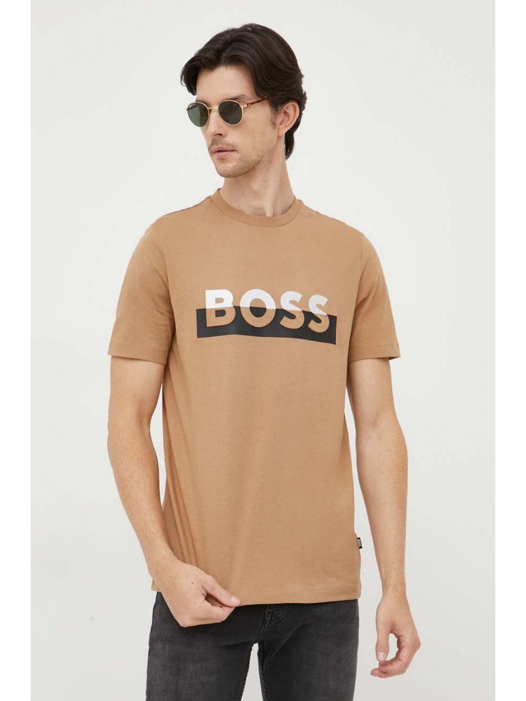 Bavlněné tričko BOSS béžová barva s potiskem