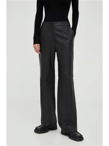 Kožené kalhoty Bruuns Bazaar dámské černá barva široké high waist