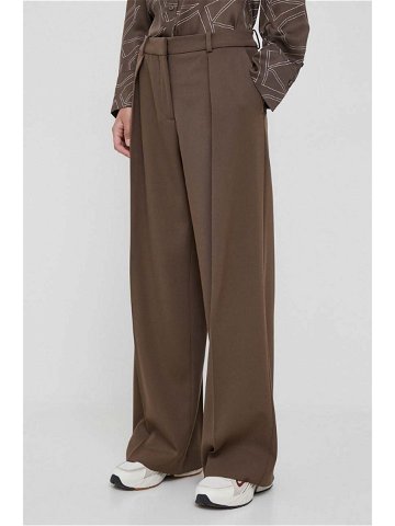Kalhoty s příměsí vlny Calvin Klein hnědá barva široké high waist